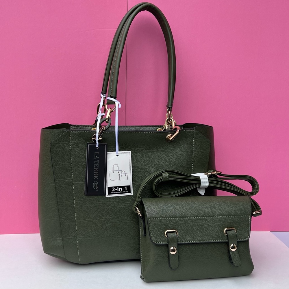 Olive Green 2 in 1 Set Vegan Leather Tote Bag and Crossbody Bag